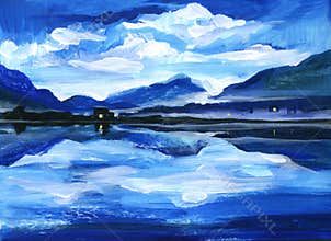 Original Oil Painting of the twilight on mountain lake. Altai