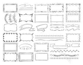 Doodle frame borders, hand drawn ribbon banners and sketch design decoration elements vector set