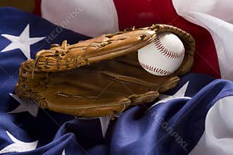 Baseball glove, ball and American Flag