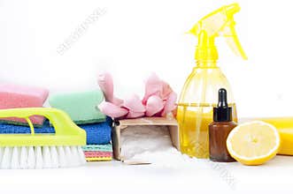 Eco-friendly natural cleaners, cleaning products. Homemade green cleaning on white background.
