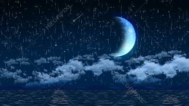 Seamless 3d animation of night sky with clouds and falling star light and giant crescent moon background screen saver