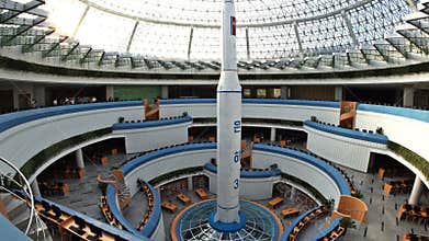 The rocket model in The Temple of Science and Technology. May 03, 2017. Pyongyang, DPRK - North Korea. UHD - 4K