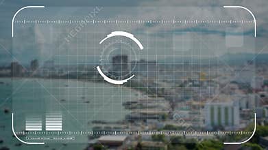 Digital security drone, camera or hologram scanning technology lock on seaside city in business and military observation concept