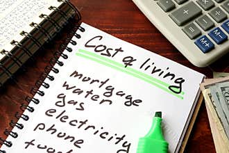 Cost of living written in a notebook.