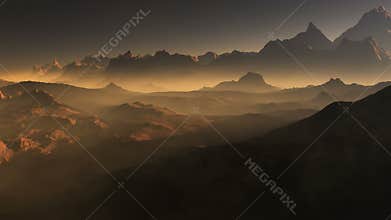 Sunset on Mars. Mars mountains, view from the valley after dust storm
