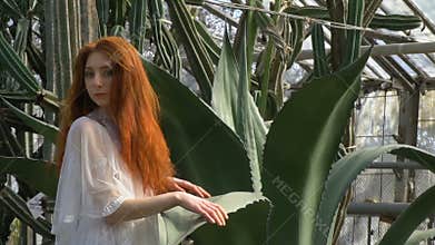 Beautiful redhead with flowing hair in a white dress among the aloe