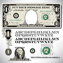 One dollar bill parts with an alphabet