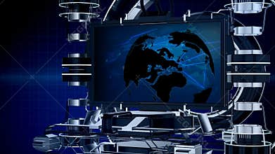Seamless 3d animation news reporting screen television or media program interface with mechanical stage with world map background