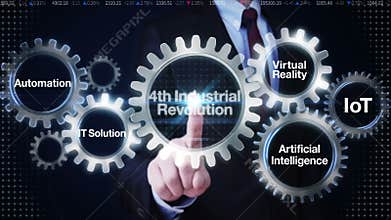 Businessman touch Gear with keyword, Automation, IT, Virtual reality, Artificial Intelligence, &#x27;4th Industrial