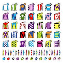 Jockey uniform. Traditional design. Jackets, silks, sleeves and hats. Horse riding. Horse racing. Icons set. Isolated on