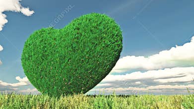 A grassy heart in a green meadow and floating clouds with mask.