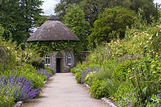 The 19th Century thatched round house surrounded by beautiful flower beds and gravel paths in the walled garden at West Dean garde