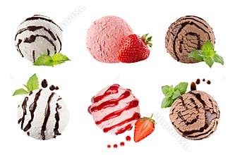 Ice cream scoops collection of six balls, decorated striped chocolate sauce, mint leaves, slice strawberry. Isolated on white back
