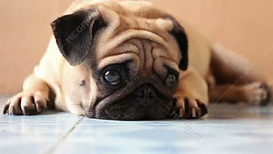 Closeup cute pug dog on the floor