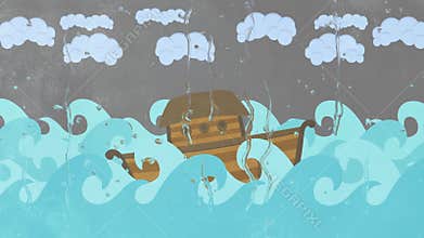 Noah`s Ark floating in the middle of the sea