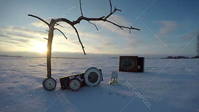 Dead tree branch, old clocks on snow and sunrise, time lapse 4K