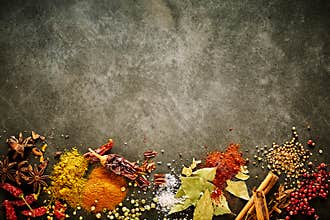 Border of assorted aromatic and pungent spices