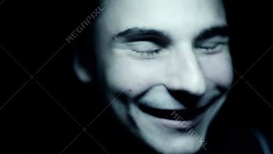 Horror scene screaming man face. Scary evil many