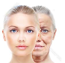 Old and young woman, isolated on white, before and after retouch,