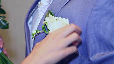 Bride helps bridegroom with wedding boutonniere. wedding couple in love. weddings. wedding reception