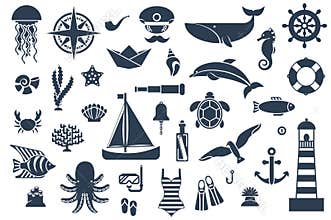 Flat icons with sea creatures and symbols