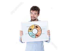 Young smiling man holding a board with illustrations of food