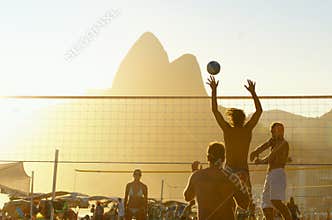 Brazilians Playing Beach Volleyball Rio de Janeiro Brazil Sunset