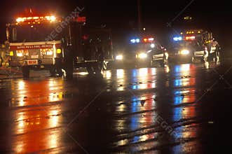 Emergency vehicles on a rainy night, Santa Paula, California