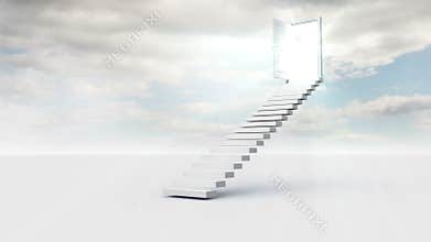 Stair with an opening door in the cloudy sky