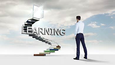 Businessman looking at steps made of books with a floating word in the sky