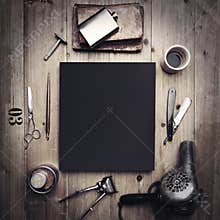 Set of vintage tools of barber shop and black canvas