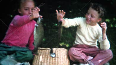 (8mm Film) Girl Fishing Catch on Shore 1955