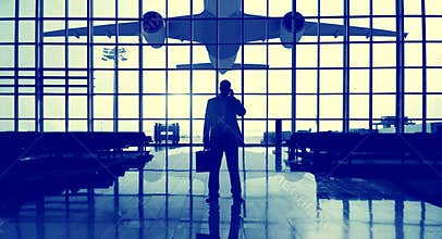 Businessman Airport Terminal Waiting Standing Alone Travel Concept