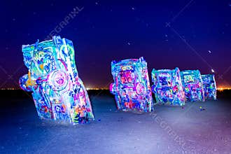 The Cadillac Ranch at night, along Historic Route 66 in Amarillo