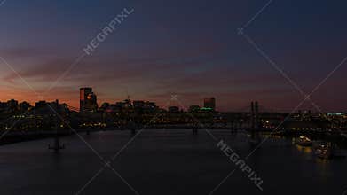 Time Lapse Movie of Colorful Sunset Over Downtown City of Portland Oregon with Hawthorne Bridge One Early Evening 1080p