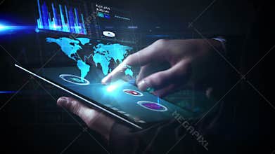 Businessman using tablet to view holographic interface