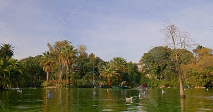Spain barcelona sun light joan miro park city panorama 4k time lapse