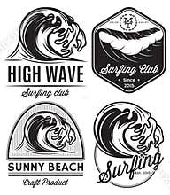 Set of patterns for design logos on the theme of water, surfing, ocean, sea