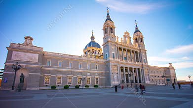 Sunny day madrid almudena cathedral front view 4k time lapse spain