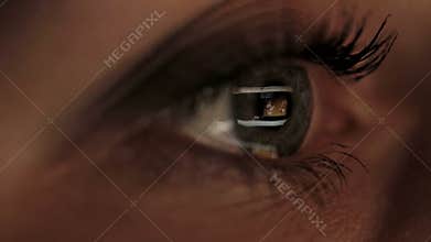 Woman girl eye macro looking monitor, surfing