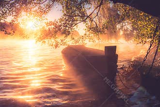 Misty sunrise lake