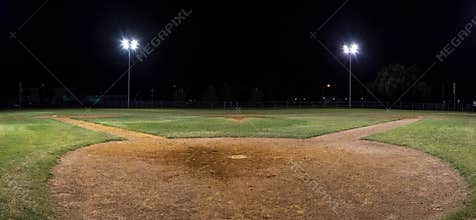 Panorama of empty baseball field at night from behind home pate
