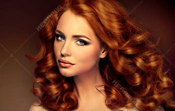 Girl model with long curly red hair.
