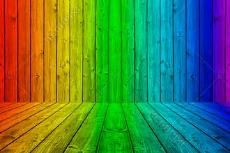 Colorful wood planks background box in rainbow colors