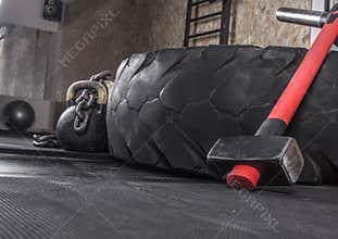 Different crossfit equipment used for crossfit training at fitness club