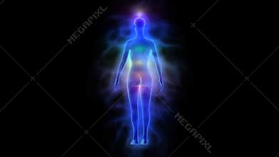 Human energy body (aura) with chakras - woman rotating
