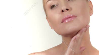 Part of female face and hands, white background