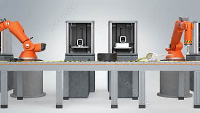 3D printers and robotic arms in conveyor belt