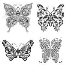 Zentangle vector black Butterflies set for adult anti stress co