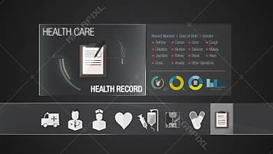 Health record icon for Health Care contents. Technology medical care service.Digital display application.